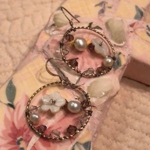 🪷Ethereal Floral, Faux Pearls, crystal beads center on wire dangling earrings